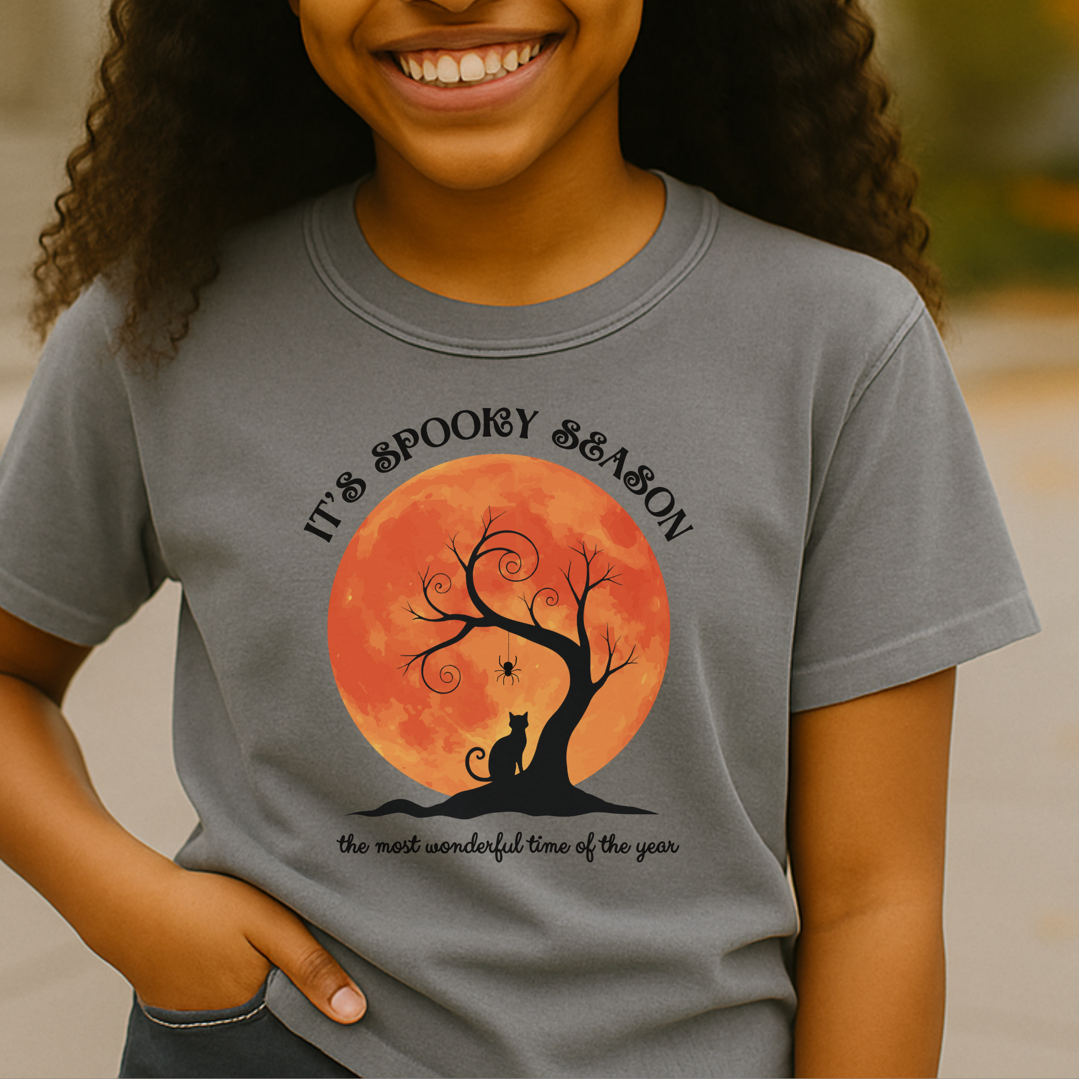 It’s Spooky Season Black Cat & Pumpkin Moon Comfort Colors Kids Tee