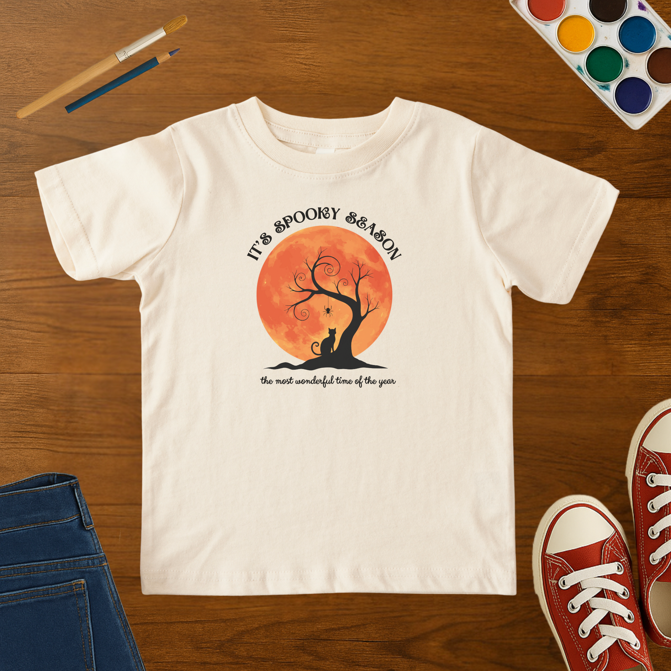 It’s Spooky Season Halloween Toddler T-Shirt | Black Cat & Pumpkin Moon Tee
