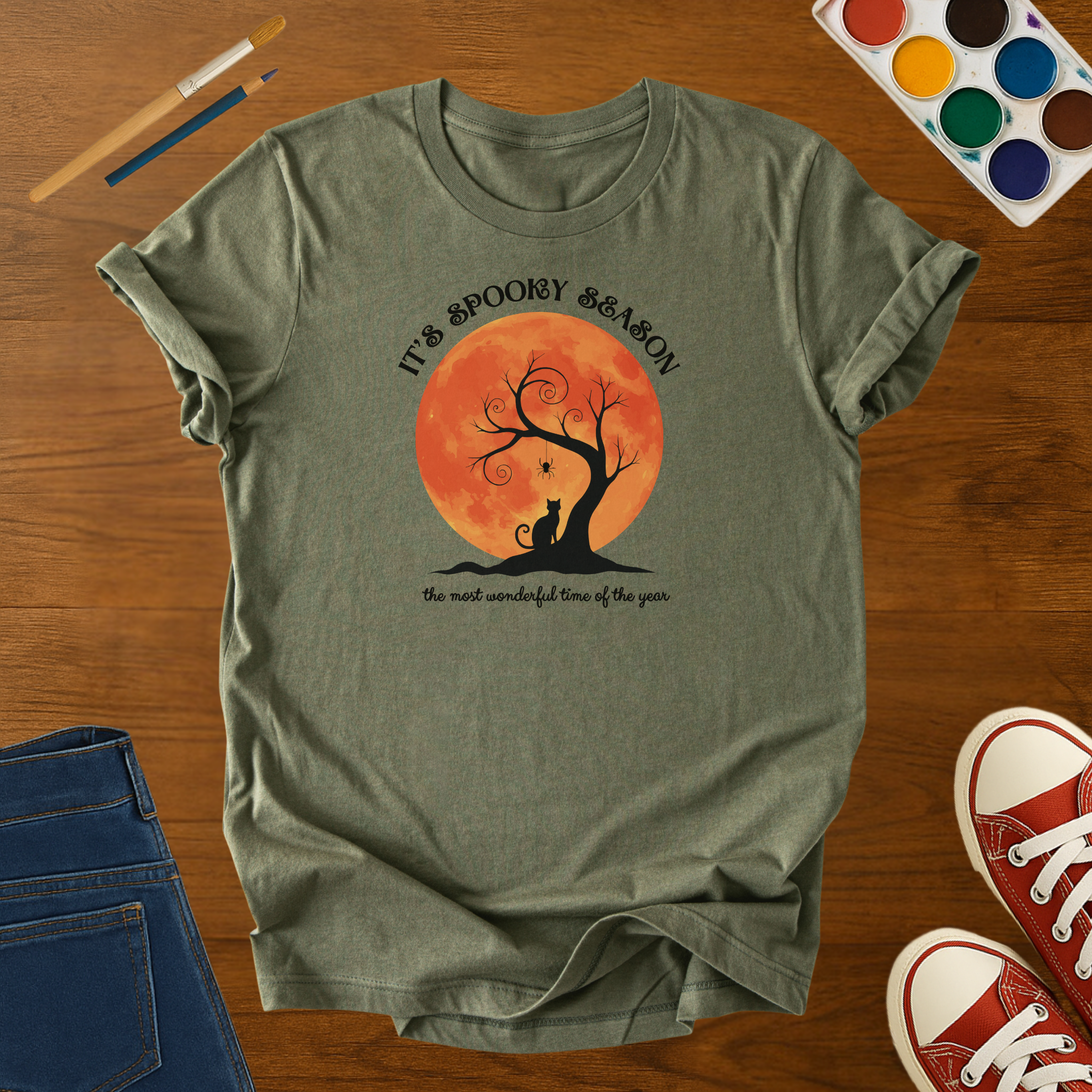 It’s Spooky Season Halloween Adult T-Shirt | Black Cat & Pumpkin Moon Tee