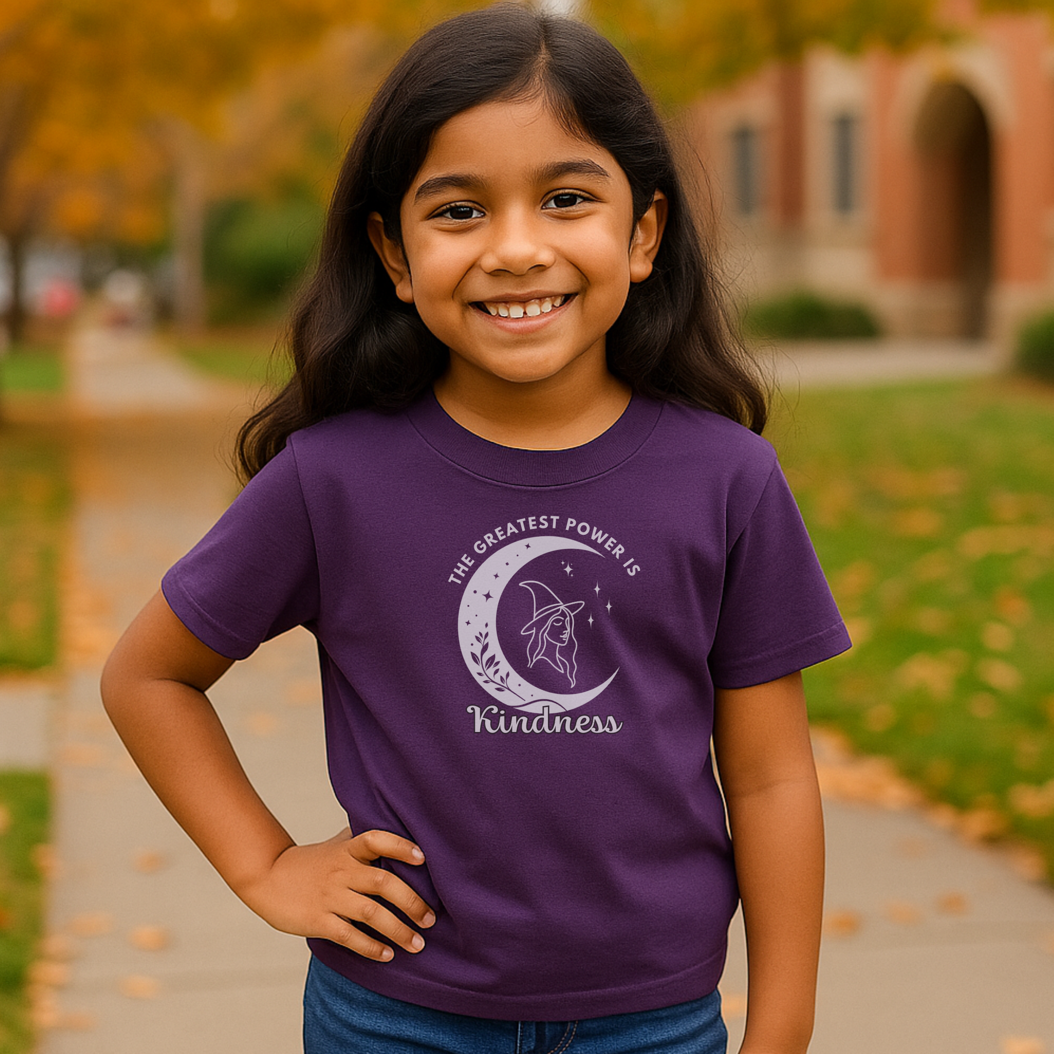 The Greatest Power is Kindness Kids T-Shirt – Positive Halloween Witch Tee
