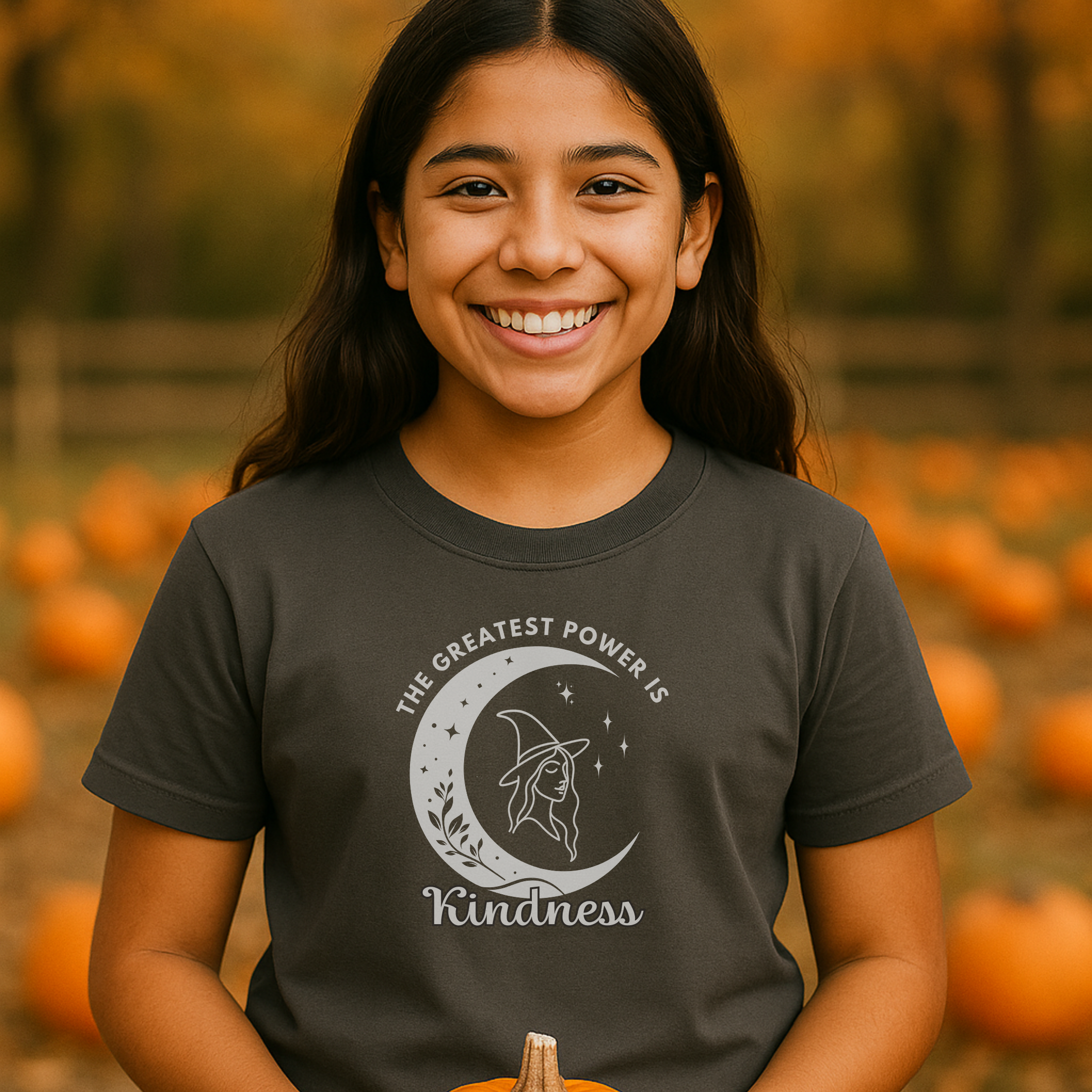 The Greatest Power is Kindness Kids T-Shirt – Positive Halloween Witch Tee
