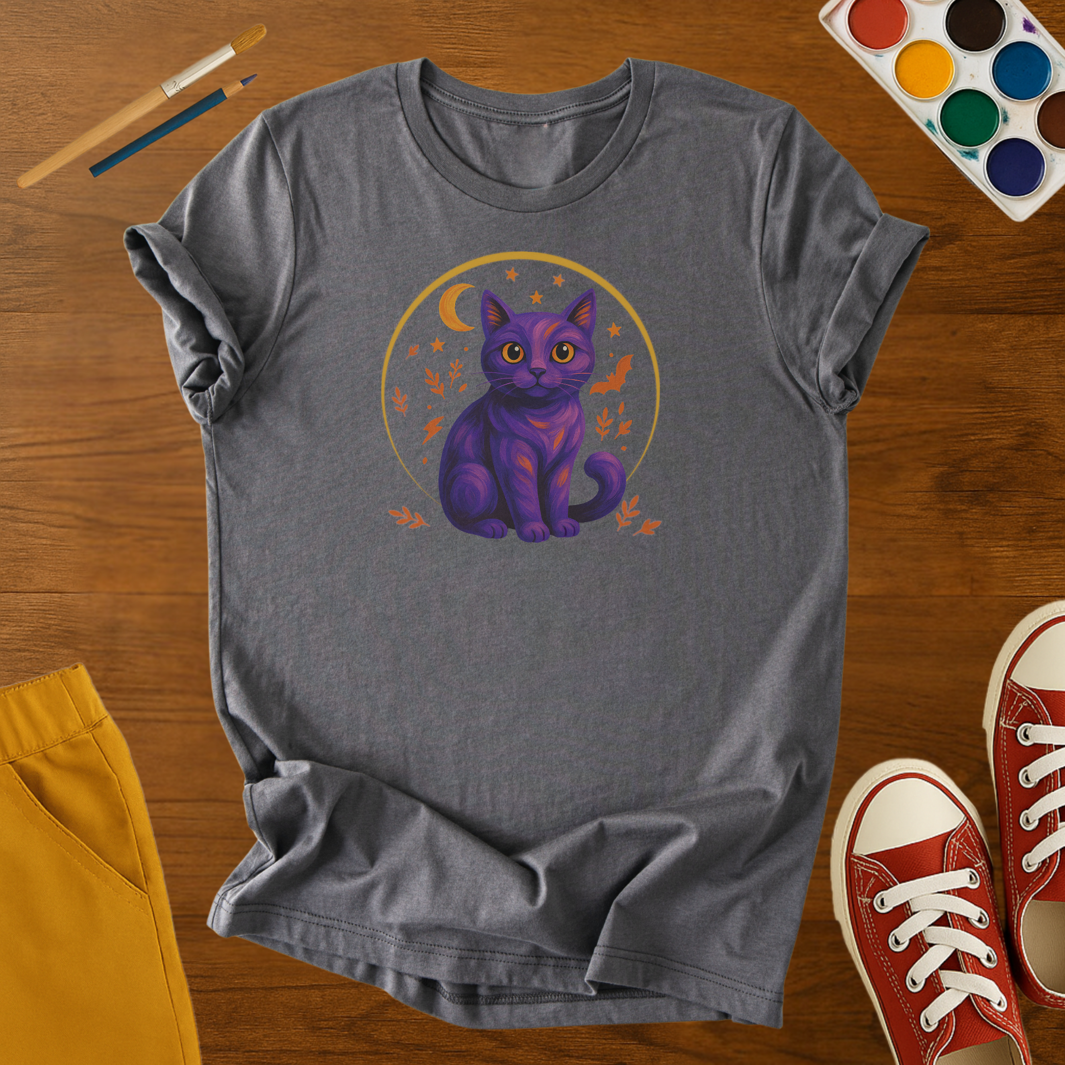 Purple Halloween Cat Kids T-Shirt – Spooky Cat with Moon and Stars Youth Graphic Tee