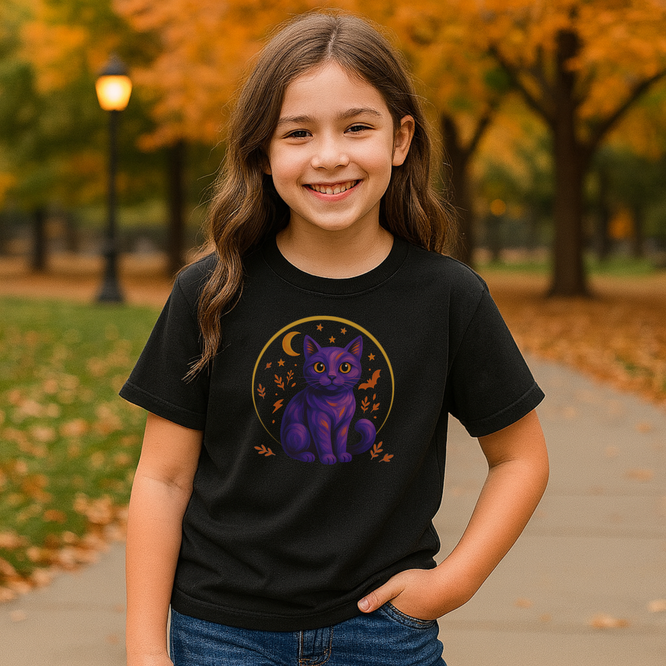 Purple Halloween Cat Kids T-Shirt – Spooky Cat with Moon and Stars Youth Graphic Tee