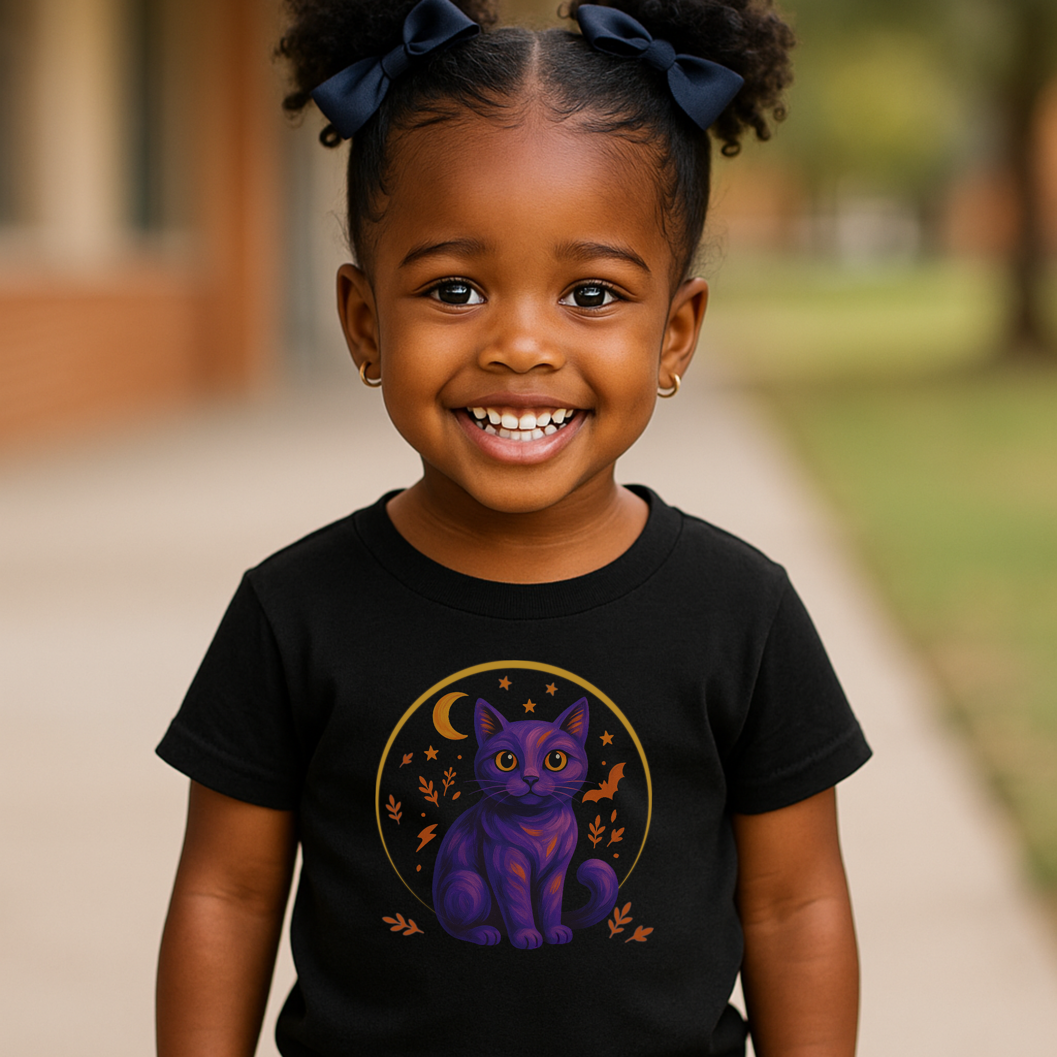 Purple Halloween Cat Toddler T-Shirt – Spooky Cat with Moon and Stars Toddler Graphic Tee