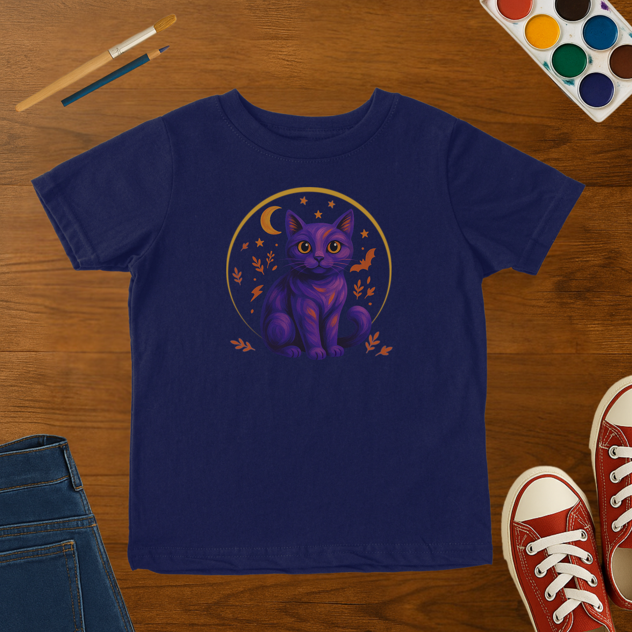 Purple Halloween Cat Toddler T-Shirt – Spooky Cat with Moon and Stars Toddler Graphic Tee