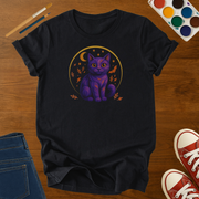Purple Halloween Cat Adult T-Shirt – Spooky Cat with Moon and Stars Adult Graphic Tee