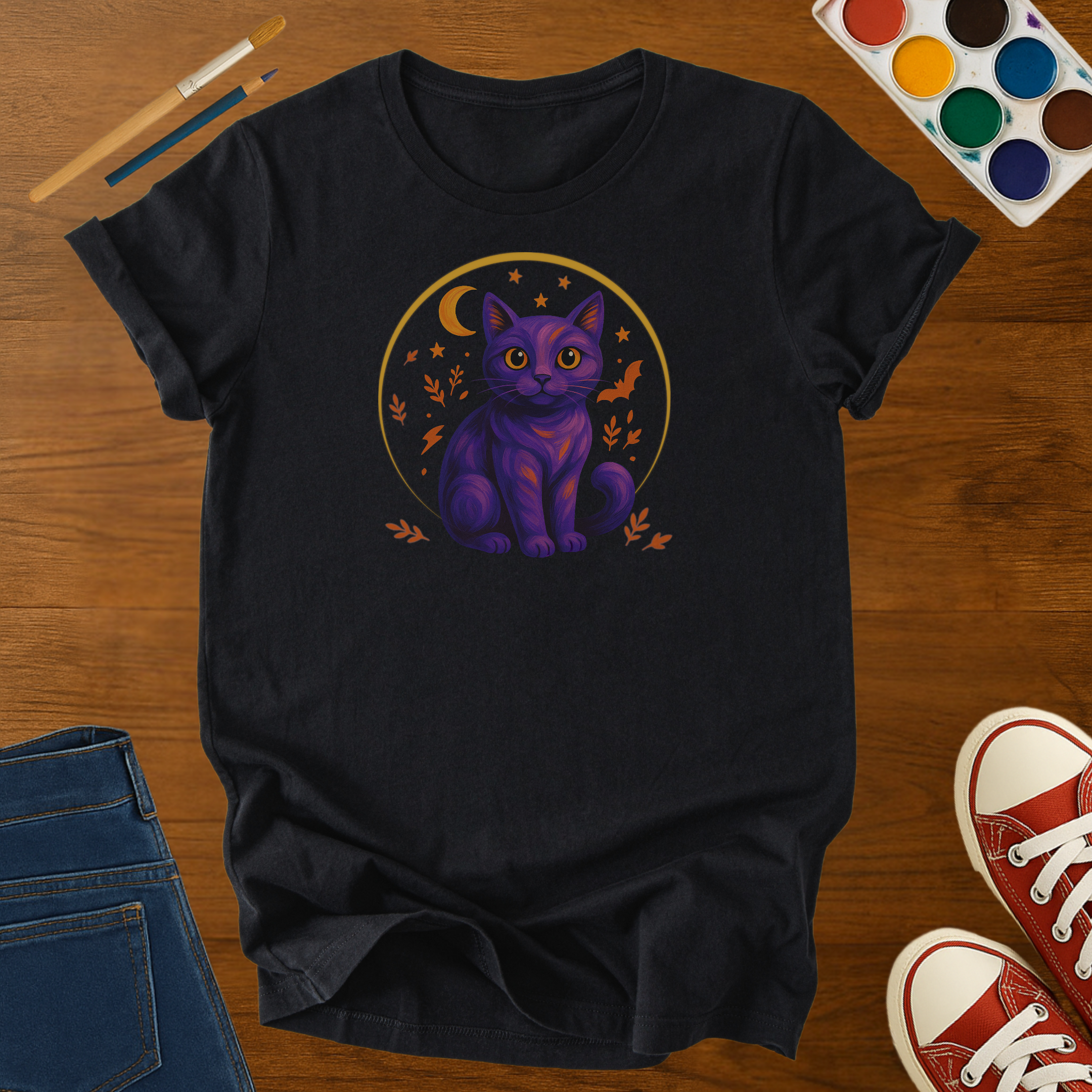 Purple Halloween Cat Adult T-Shirt – Spooky Cat with Moon and Stars Adult Graphic Tee