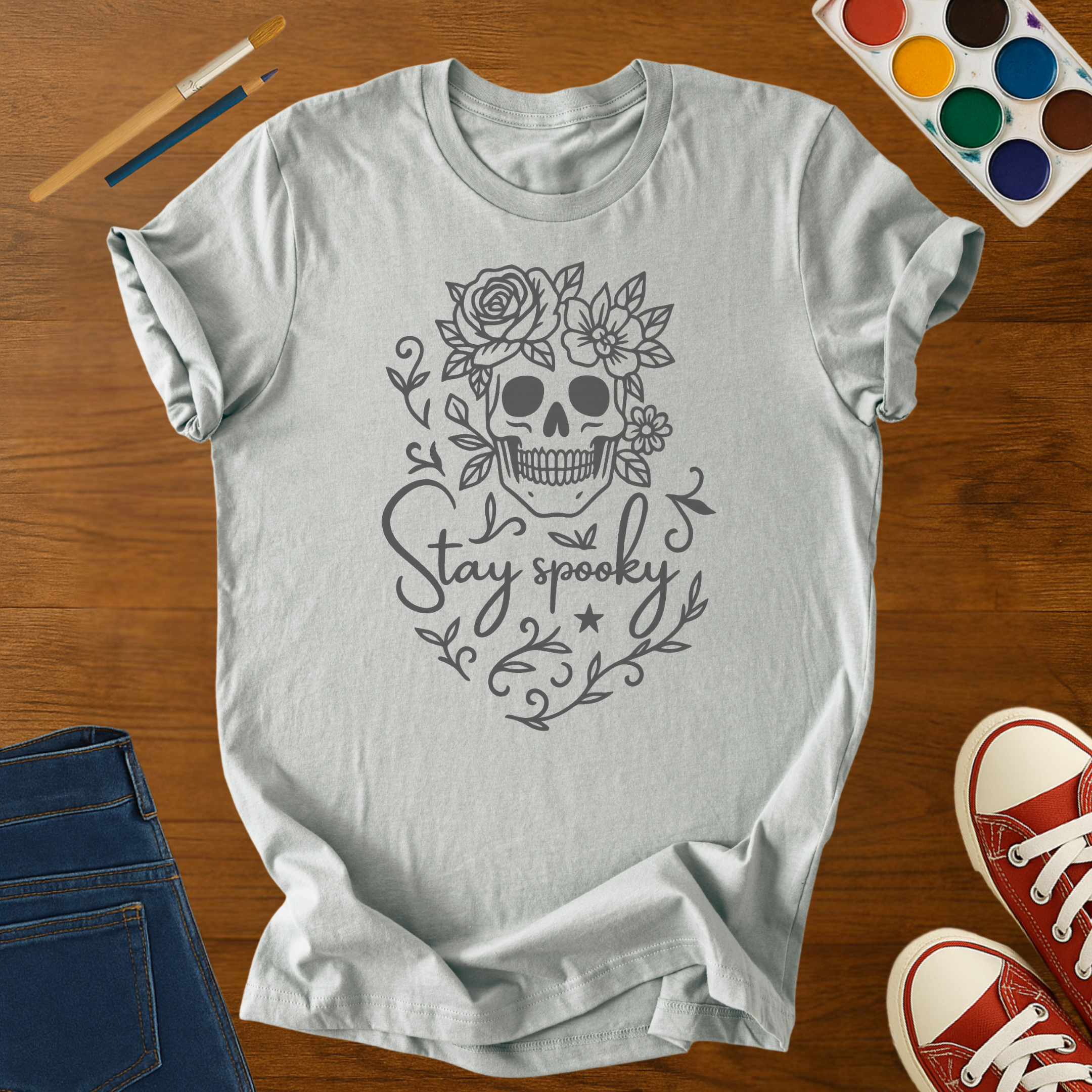 Stay Spooky Floral Skull Halloween Adult Graphic Tee