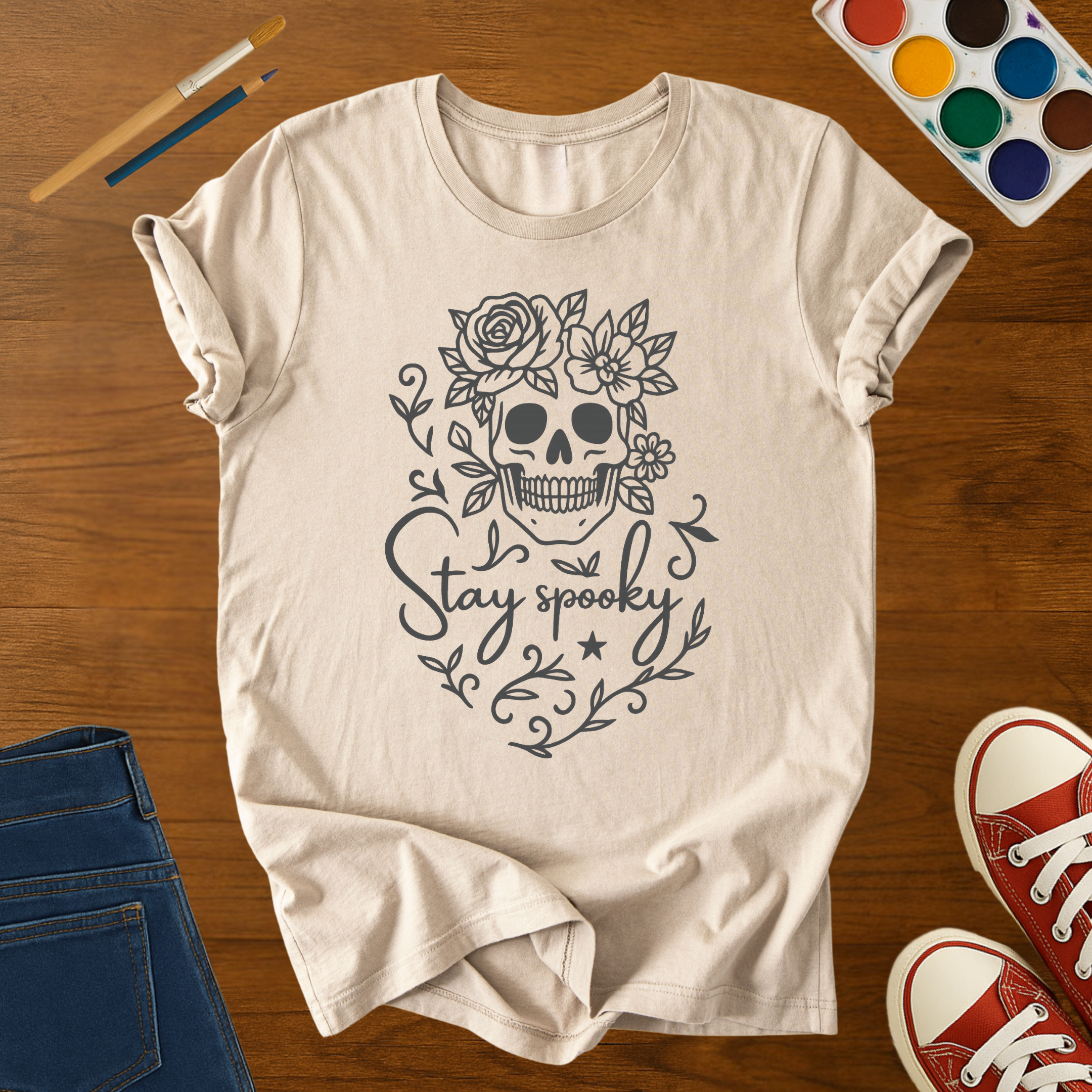 Stay Spooky Floral Skull Halloween Adult Graphic Tee