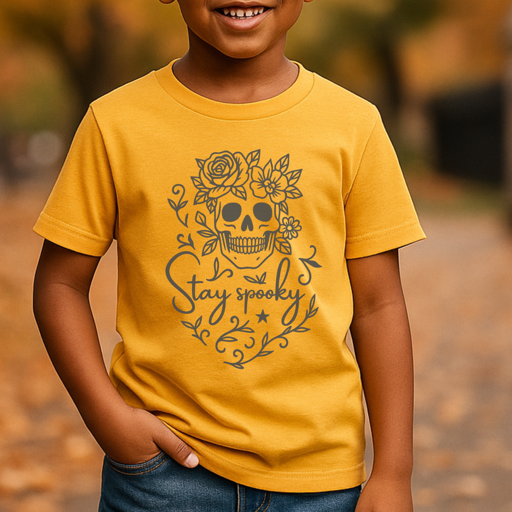 Stay Spooky Floral Skull Halloween Kids Graphic Tee