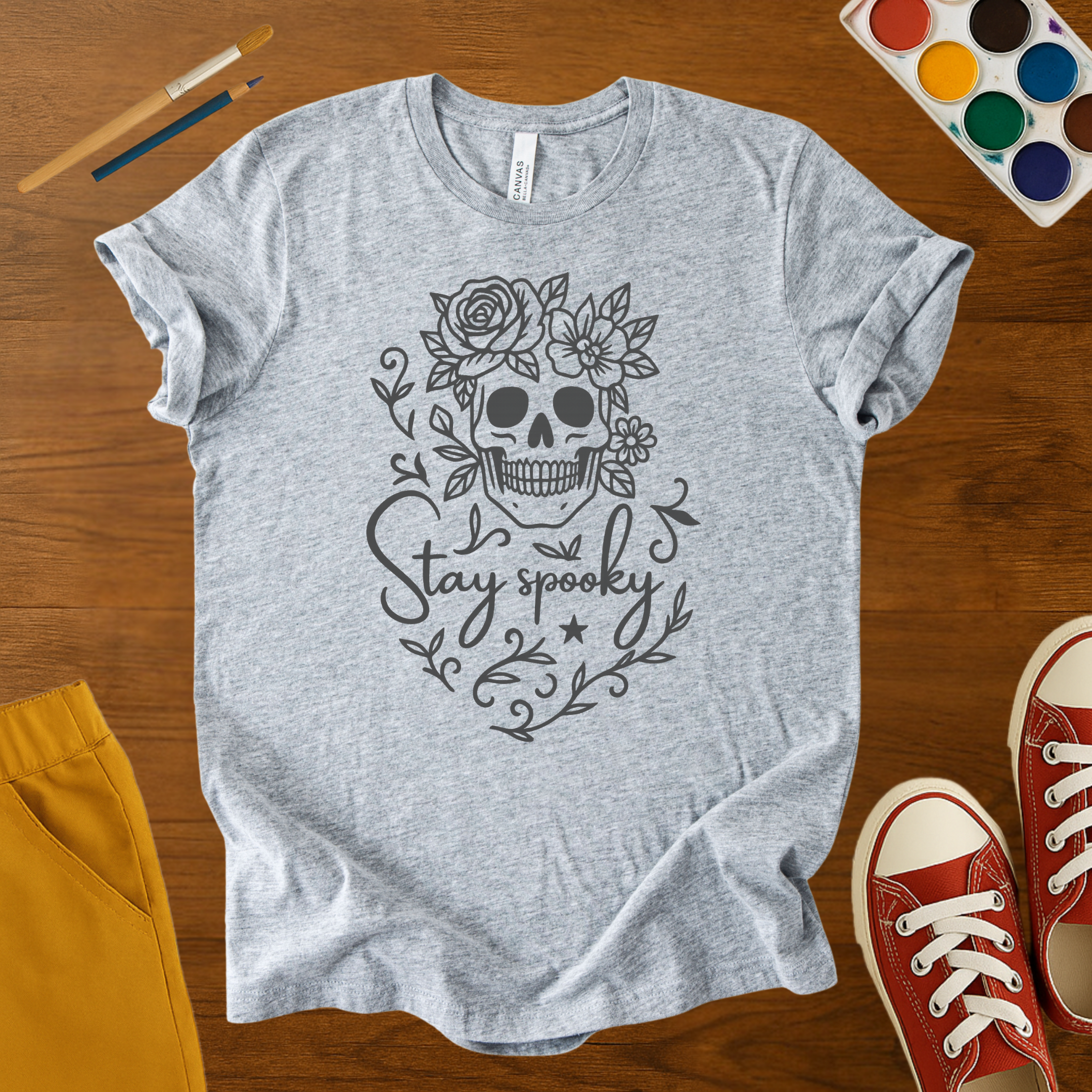 Stay Spooky Floral Skull Halloween Kids Graphic Tee