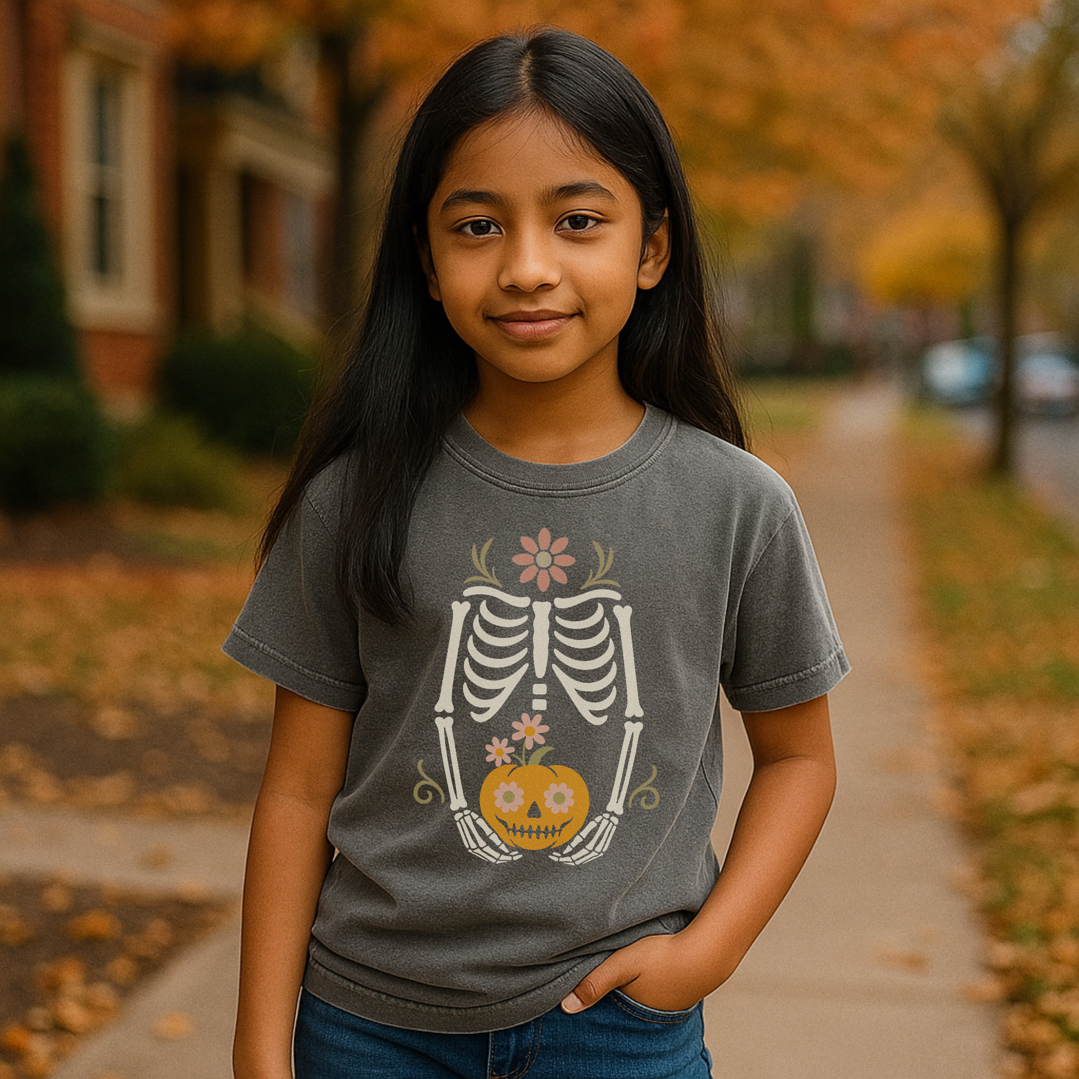 Cute Skeleton Pumpkin Head Shirt – Halloween Jack O’Lantern Skull Kids Tee