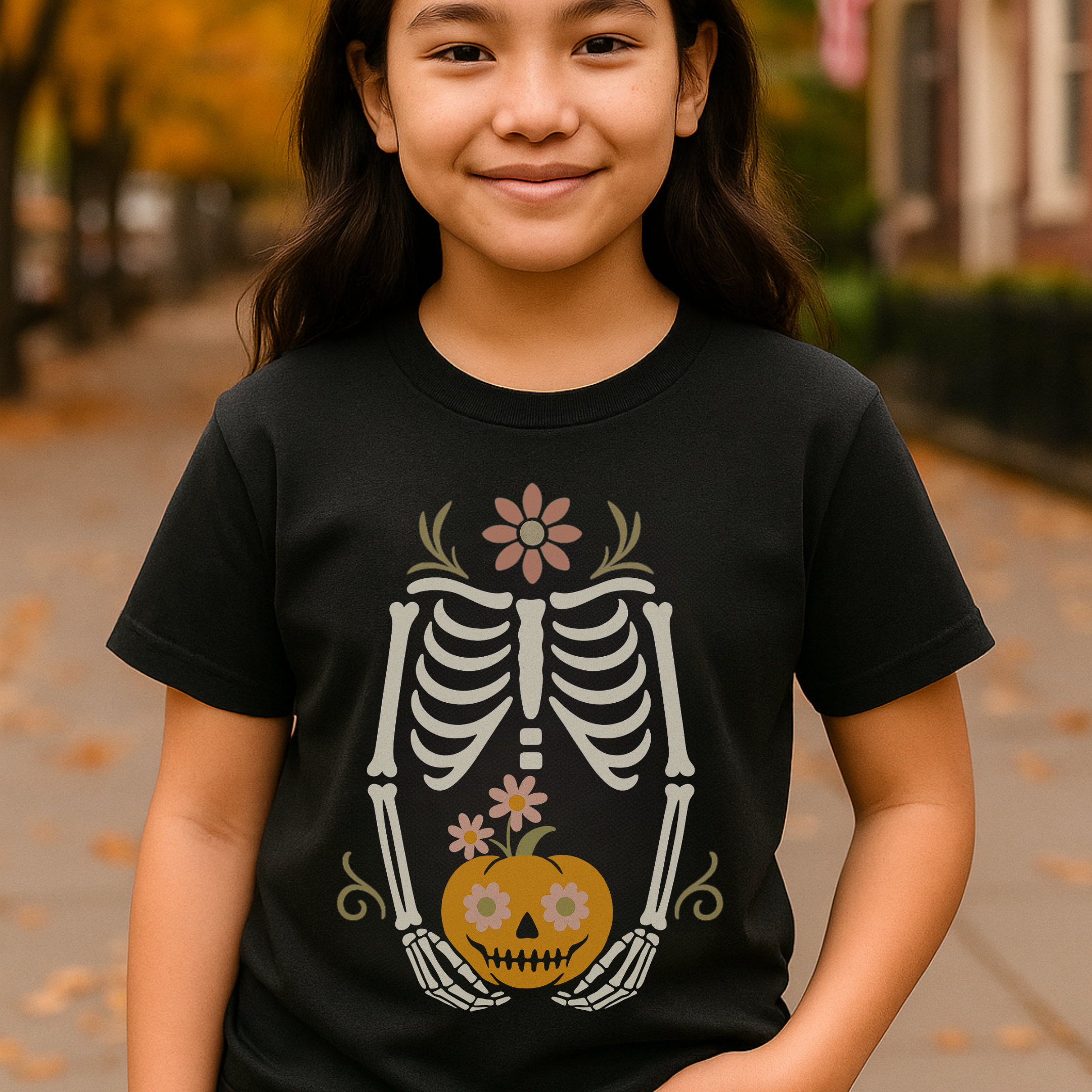 Cute Skeleton Pumpkin Head Shirt – Halloween Jack O’Lantern Skull Kids Tee