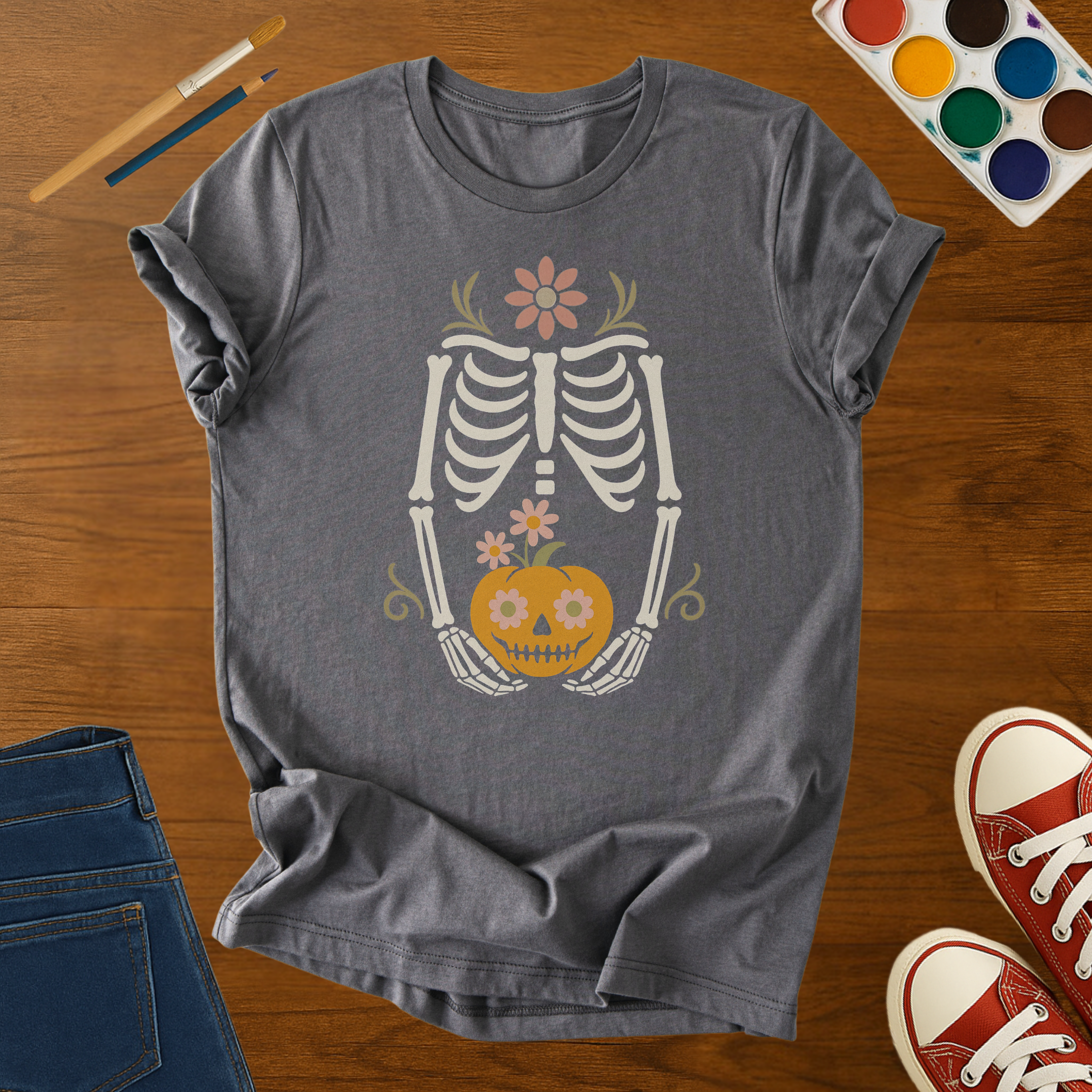 Cute Skeleton Pumpkin Head Adult Shirt – Halloween Jack O’Lantern Skull Tee
