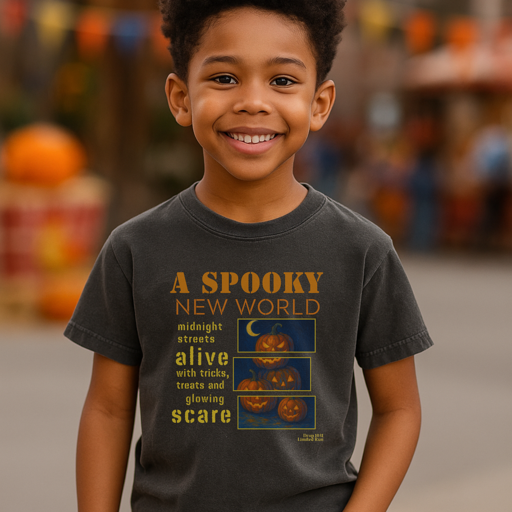 A Spooky New World Pumpkin Patch Graphic Tee for Kids