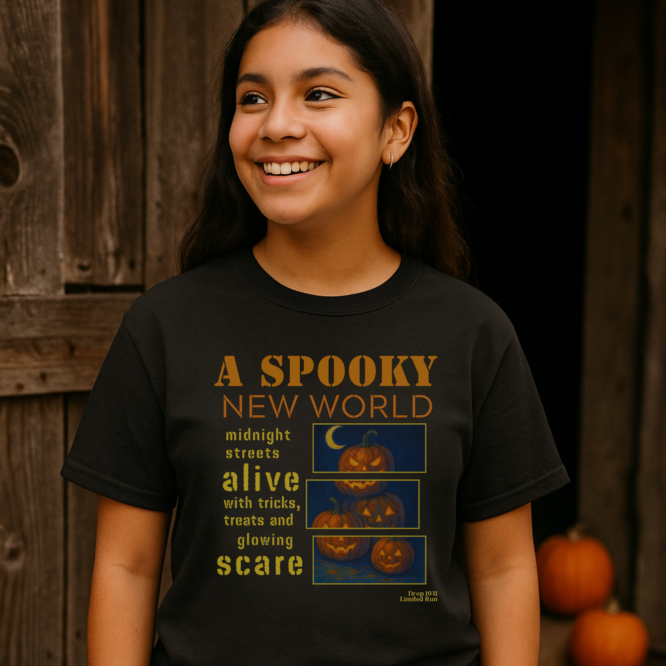 A Spooky New World Pumpkin Patch Graphic Tee for Kids