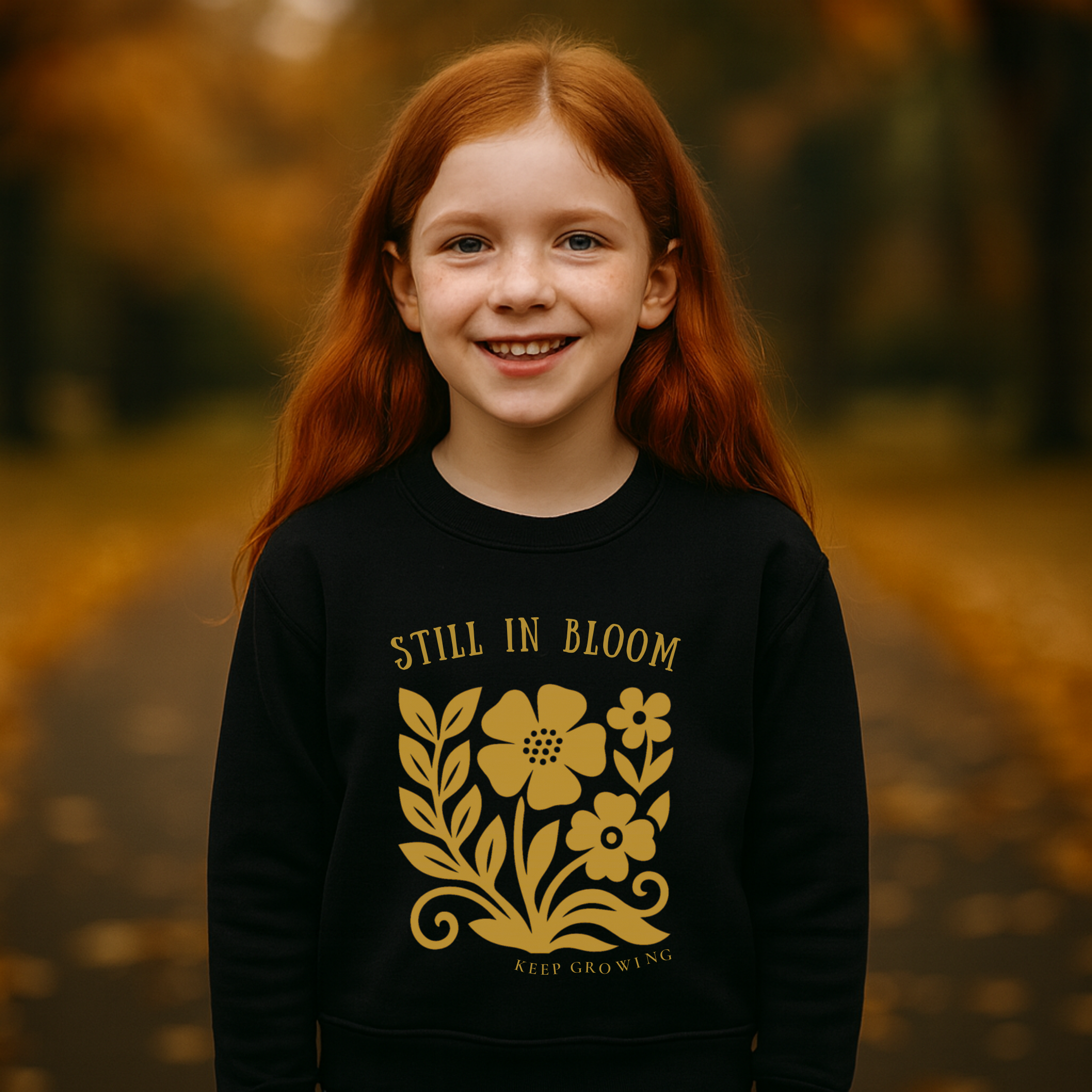 Still in Bloom, Inspirational Floral Graphic Youth Crewneck Sweatshirt