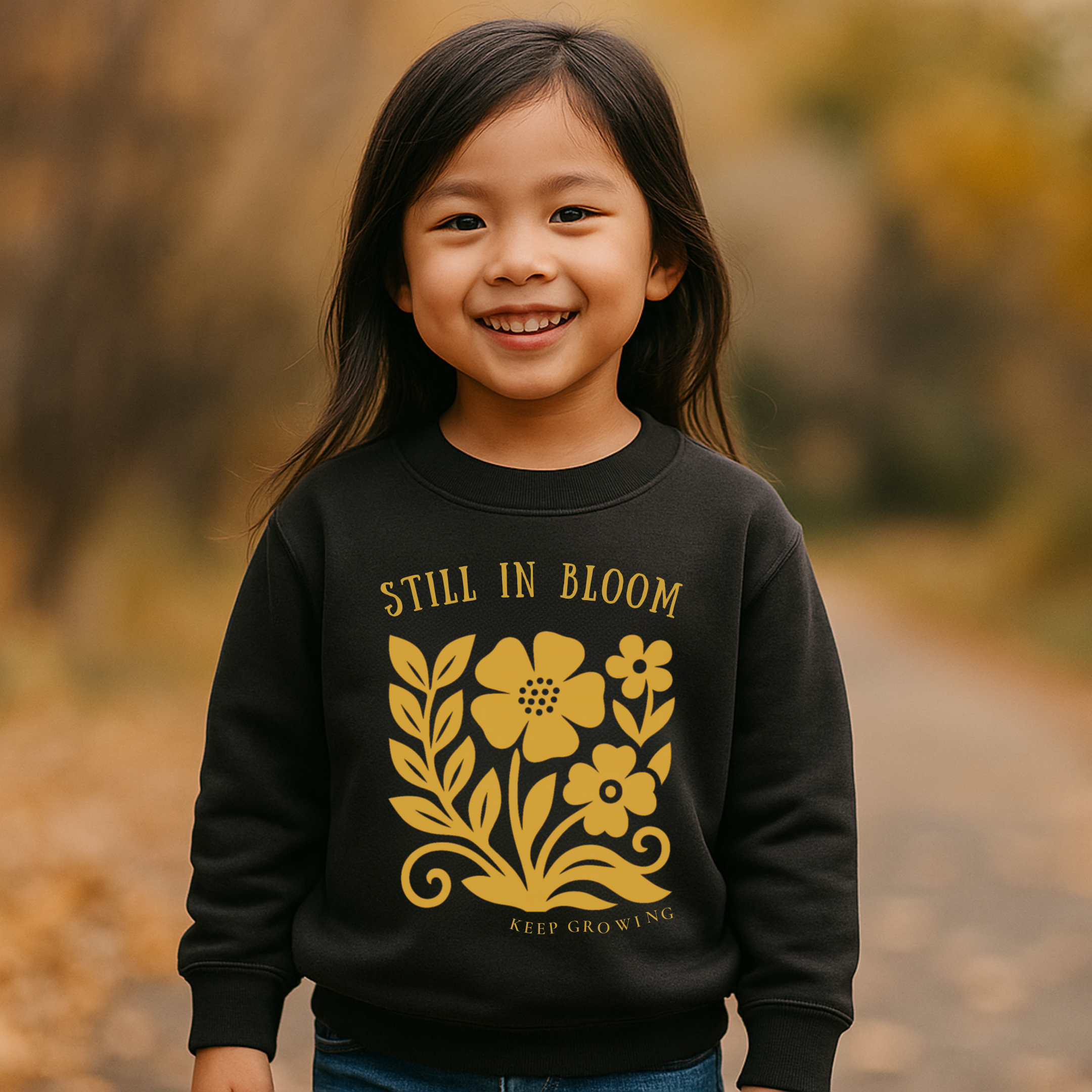 Still in Bloom, Inspirational Floral Graphic Toddler Crewneck Sweatshirt
