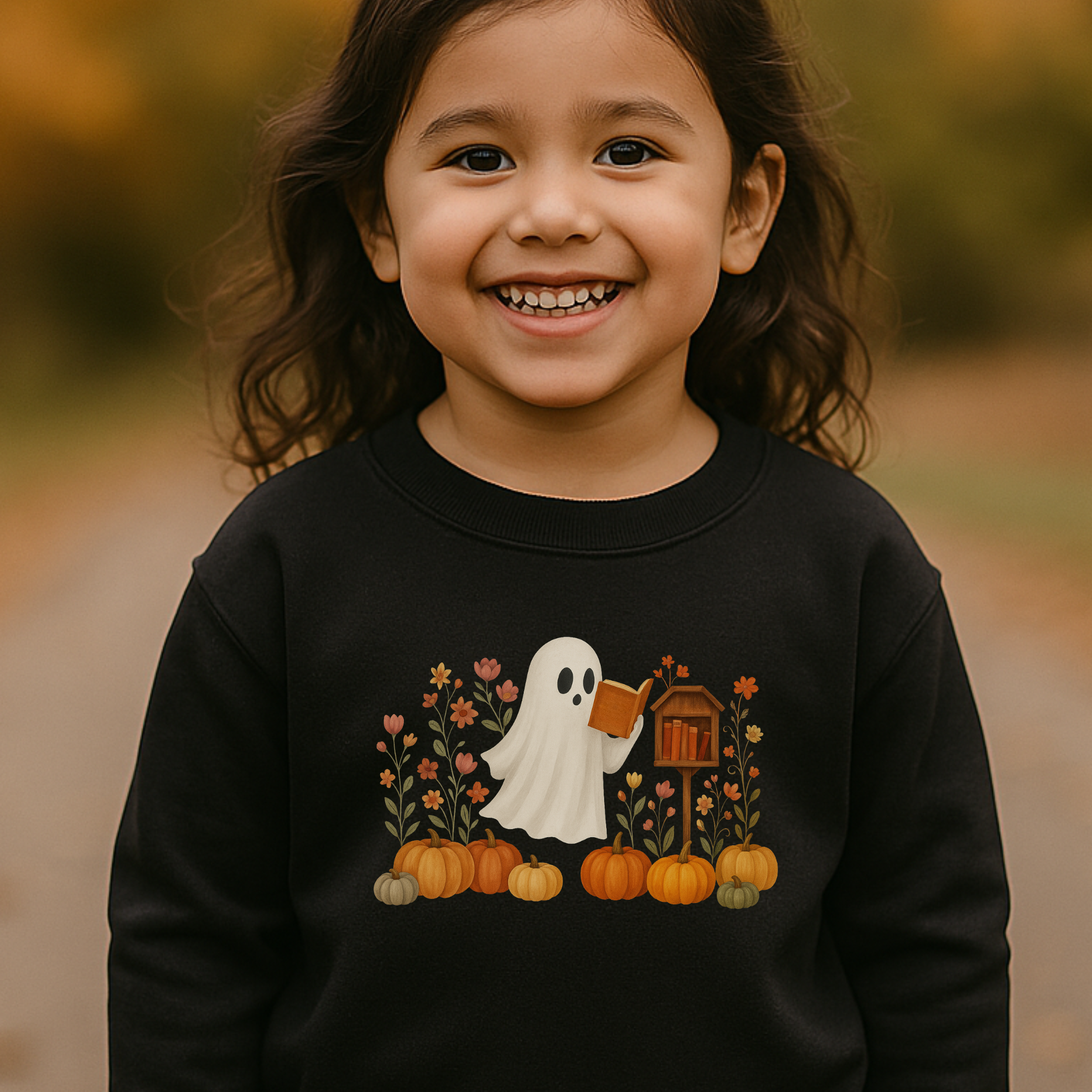 Books Blooms & Boos Ghost Reading  Fall Toddler Crewneck Sweatshirt