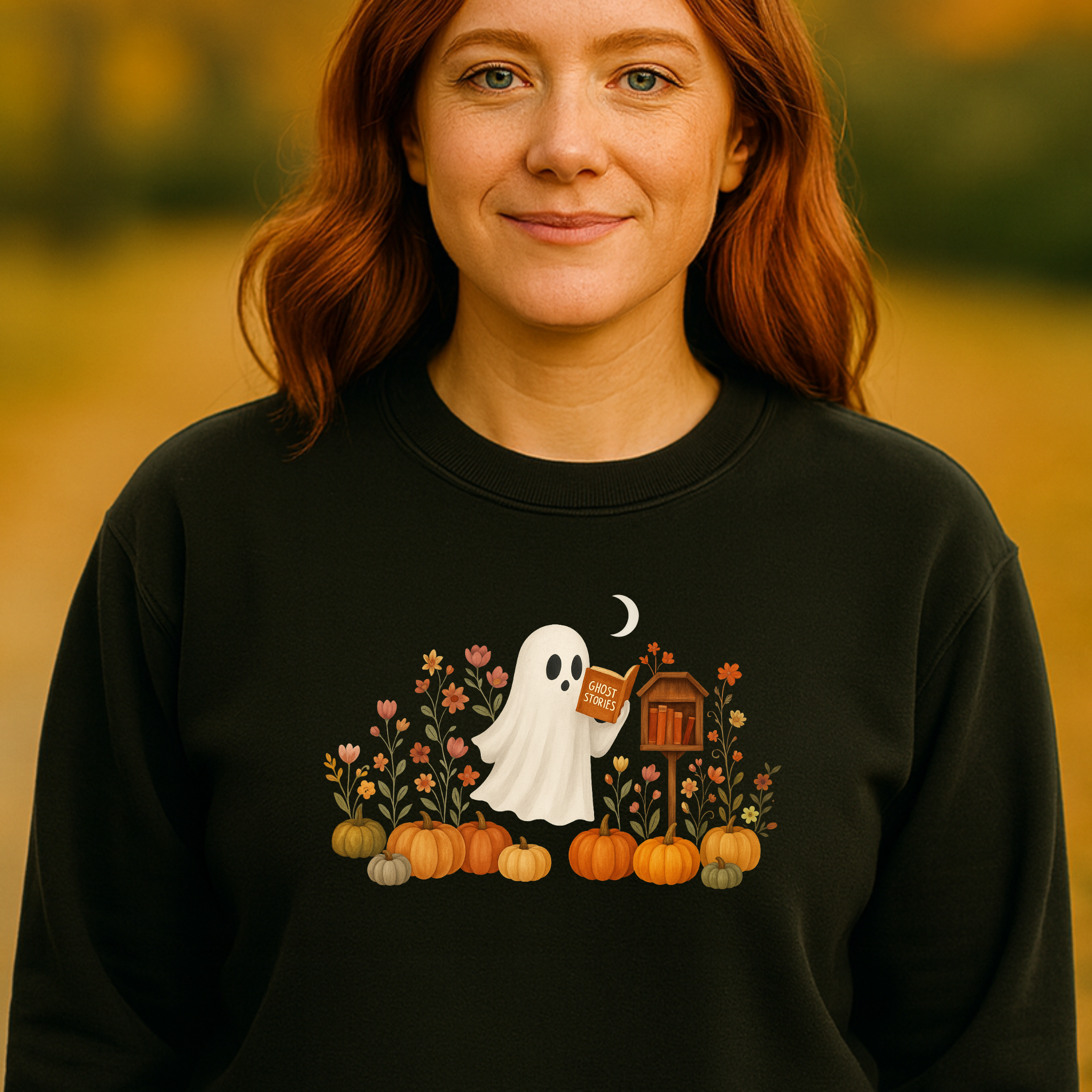 Books Blooms & Boos Cozy Fall Reading Crewneck Adult Lightweight Sweatshirt