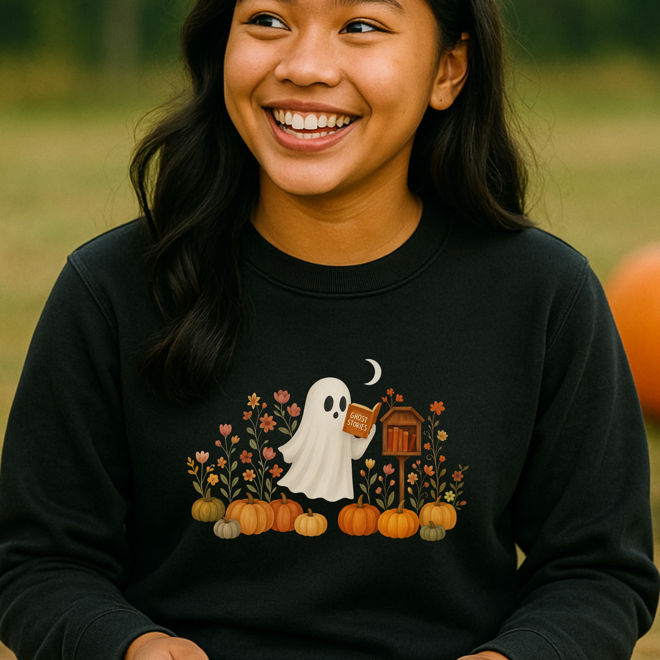 Books Blooms & Boos Ghost Reading Fall Youth Crewneck Sweatshirt