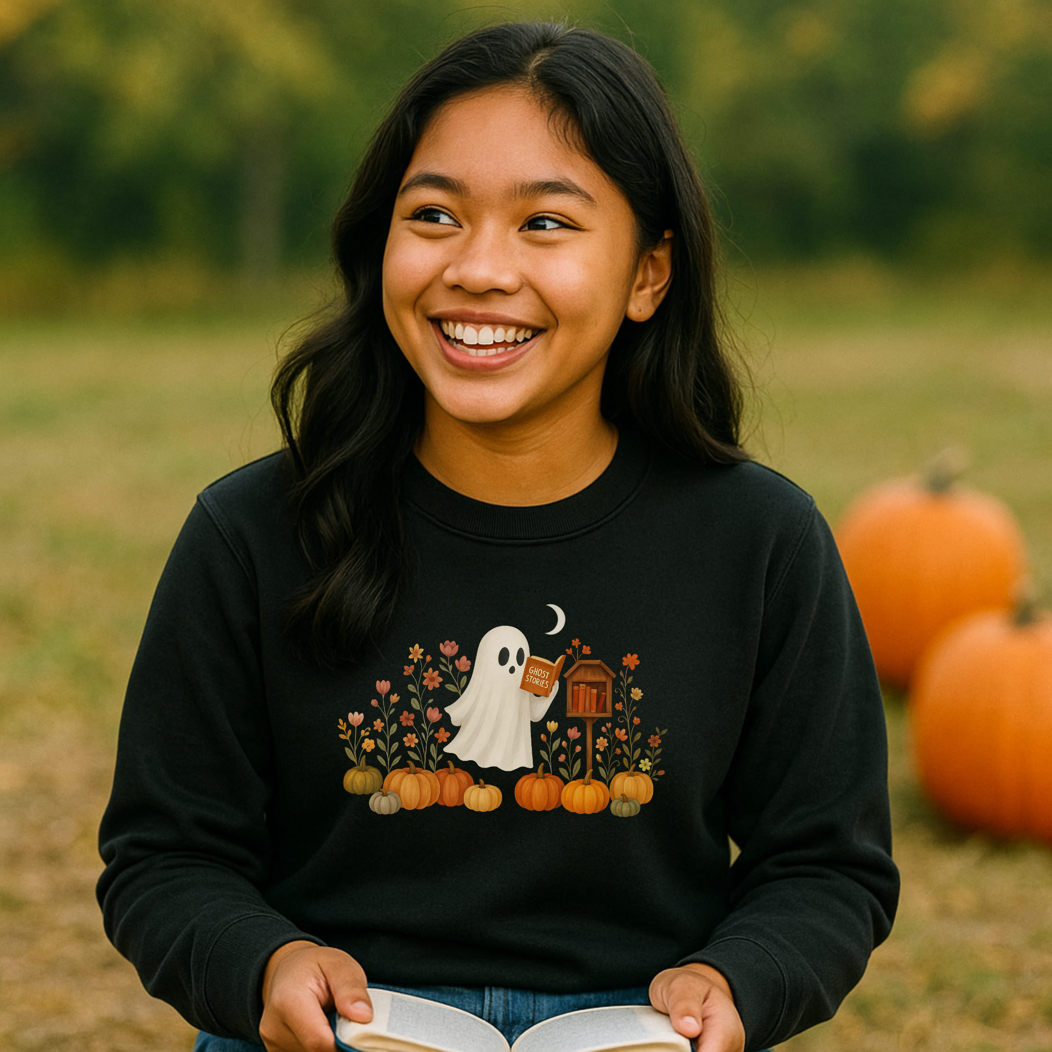 Books Blooms & Boos Ghost Reading Fall Youth Crewneck Sweatshirt