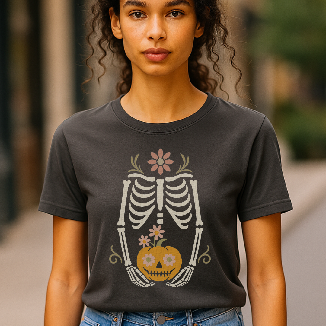Cute Skeleton Holding Pumpkin Head Adult Graphic T-Shirt