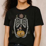 Cute Skeleton Holding Pumpkin Head Adult Graphic T-Shirt