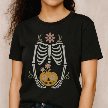 Cute Skeleton Holding Pumpkin Head Adult Graphic T-Shirt