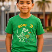 BOO Dinosaur Skeleton Halloween Kids T-Shirt –Funny Dino Pumpkin & Candy Youth Graphic Tee