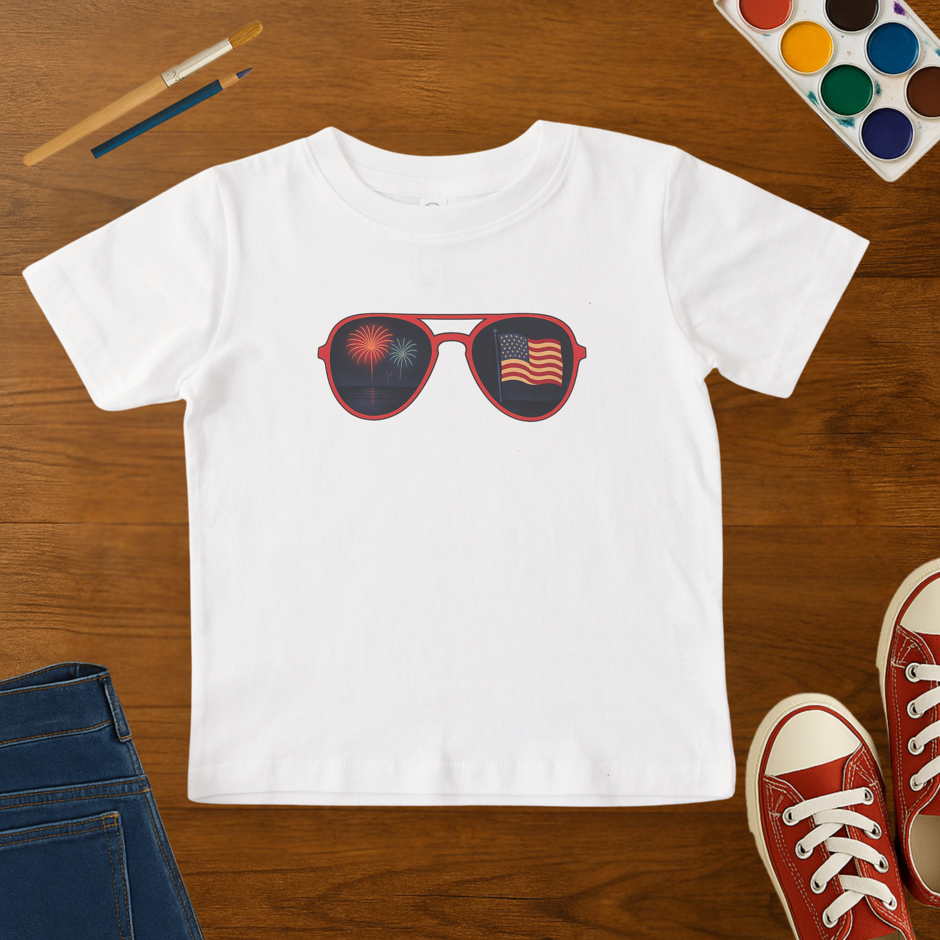 Retro Patriotic Sunglasses Toddler T-Shirt | Fireworks & American Flag | Fine Jersey Cotton Graphic Tee