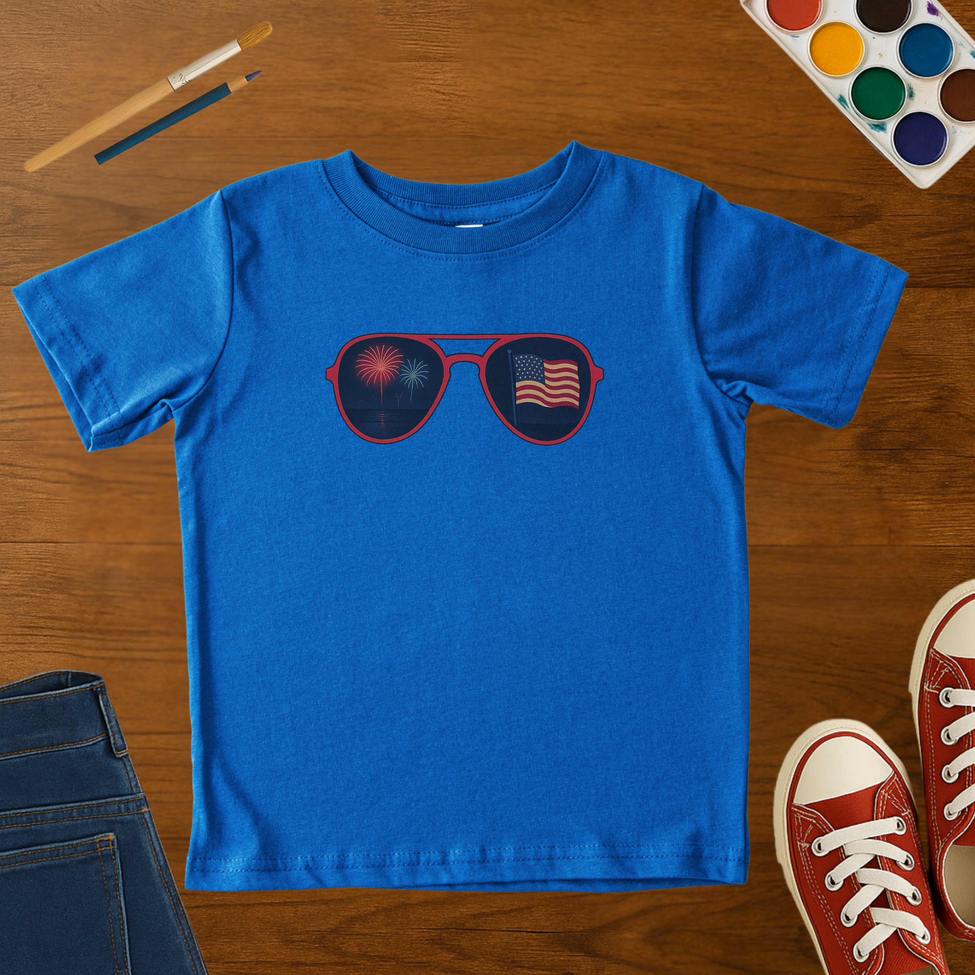 Retro Patriotic Sunglasses Toddler T-Shirt | Fireworks & American Flag | Fine Jersey Cotton Graphic Tee