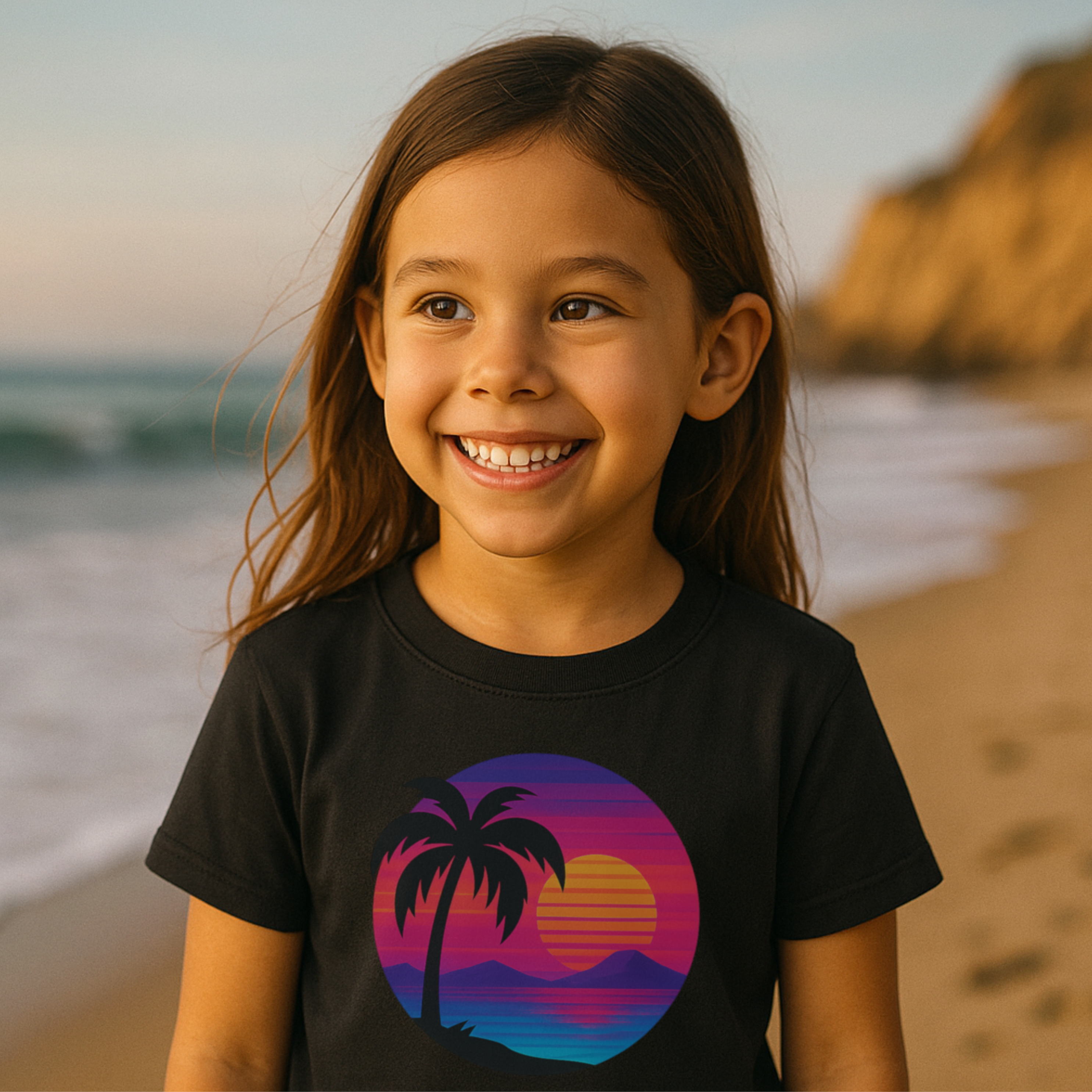 Vaporwave Sunset Palm Tree T-Shirt – Retro 80s Beach Toddler Short Sleeve Graphic Tee