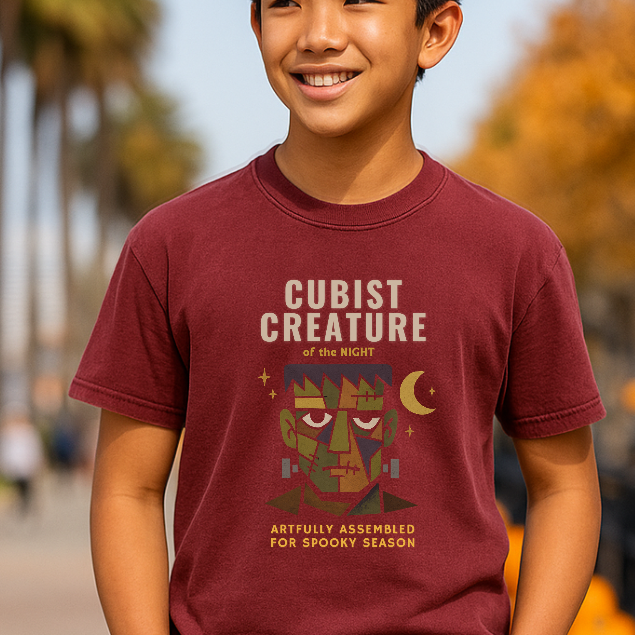 Cubist Creature of the Night Halloween Youth T-Shirt – Frankenstein Inspired Spooky Season Kids Graphic Tee