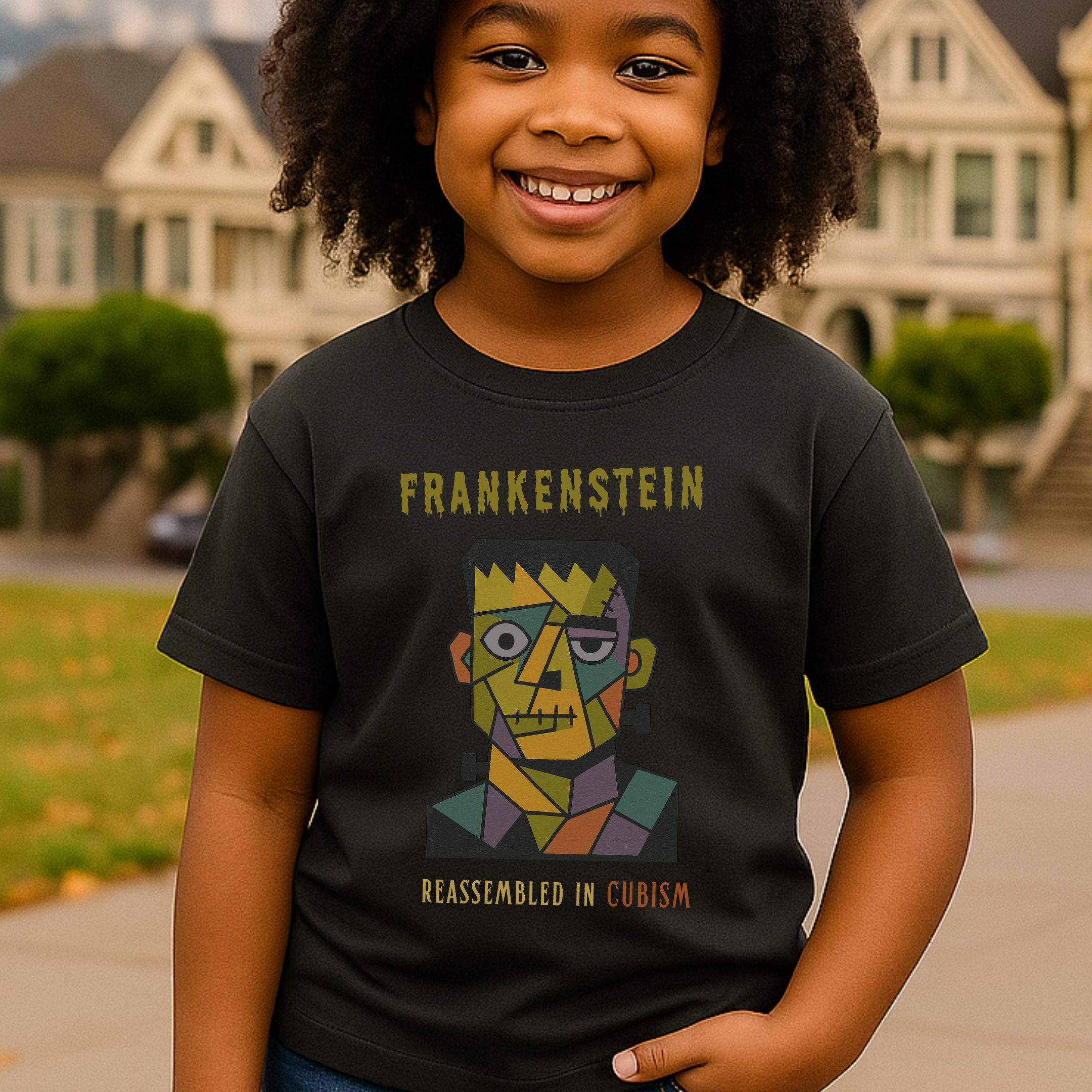 Frankenstein Cubism Halloween Youth T-Shirt – Retro Monster Kids Graphic Tee for Spooky Season